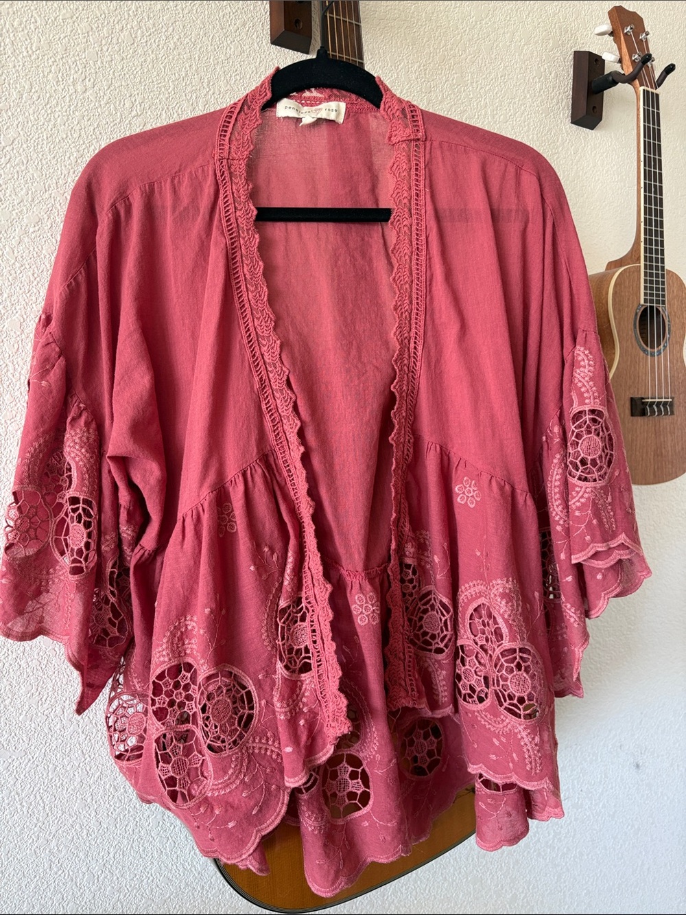 Boho Lace Trim Open Front Kimono - Rose